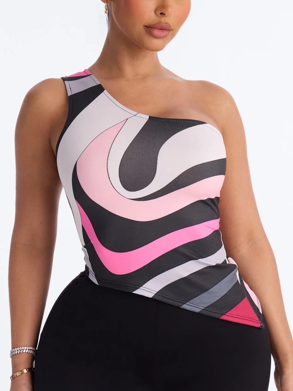 Fashion Nova One-Shoulder Swirl Print Dress in Black and Pink